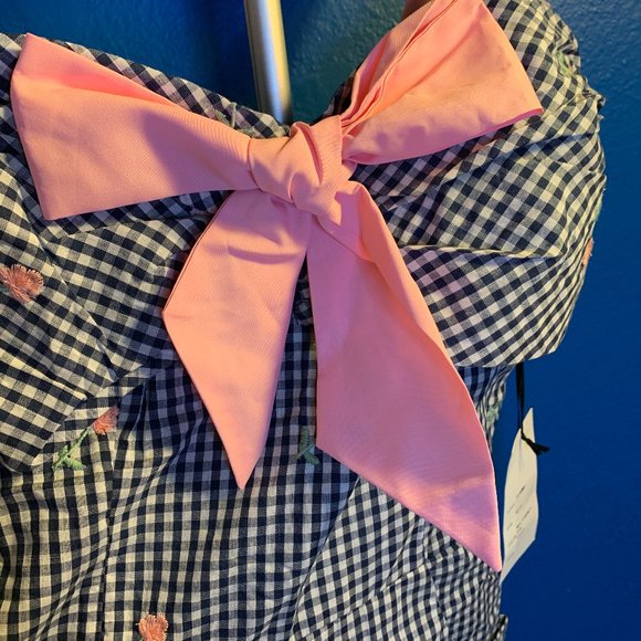 Unique Vintage Navy Gingham & Pink Floral Embroidered Rae Romper with Bow Size M - Picture 5 of 8